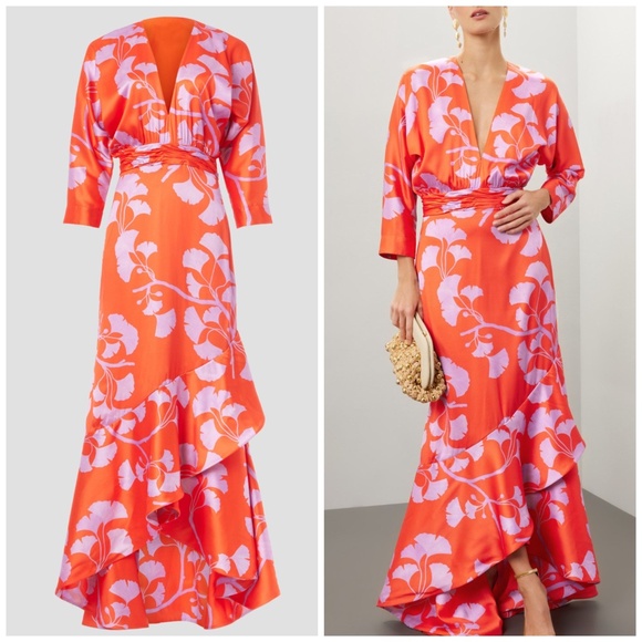 Andres Otalora Heliconia Floral Maxi Dress Ruffle Orange Purple - Size 4 - Picture 1 of 13